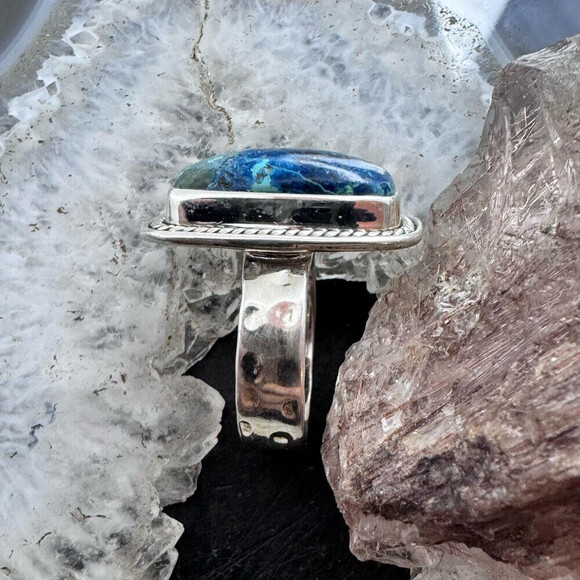 Sterling Southwestern Style Rectangle Neon Apatite Decorated Ring Sz 8 For Women - Picture 6 of 10